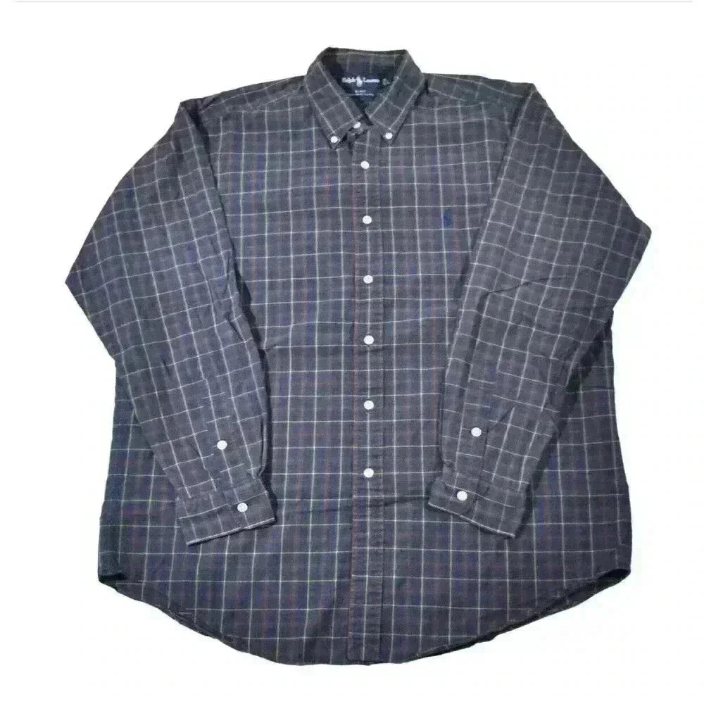 VTG‎ Ralph Lauren Blake Navy Plaid W/ Blue Pony 2 Ply Cotton Button down Size XL
